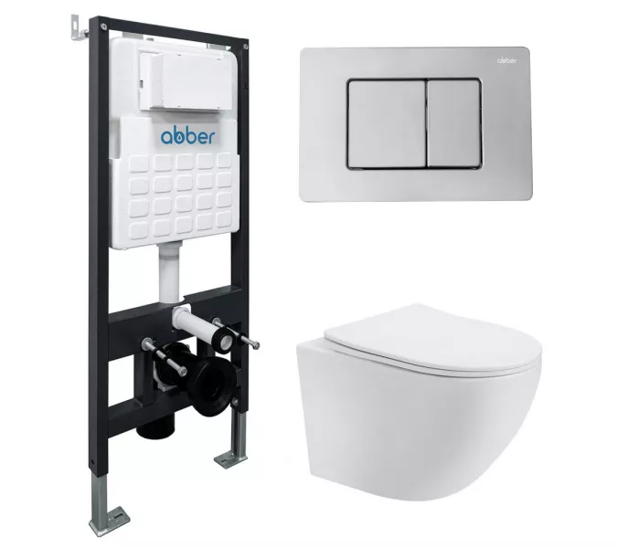 Комплект подвесной унитаз ABBER Bequem AC1100T белый с инсталляцией AC0105 и кнопкой хром, Цвет кнопки: Хром, Выбрать цвет: Белый, Внешний вид: квадратная кнопка