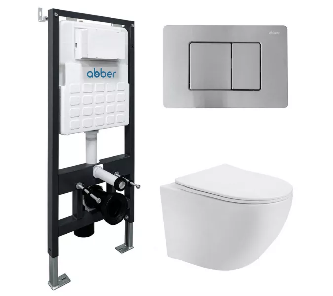 Комплект подвесной унитаз ABBER Bequem AC1100T белый с инсталляцией AC0105 и кнопкой матовый хром, Цвет кнопки: Матовый хром, Выбрать цвет: Белый, Внешний вид: квадратная кнопка
