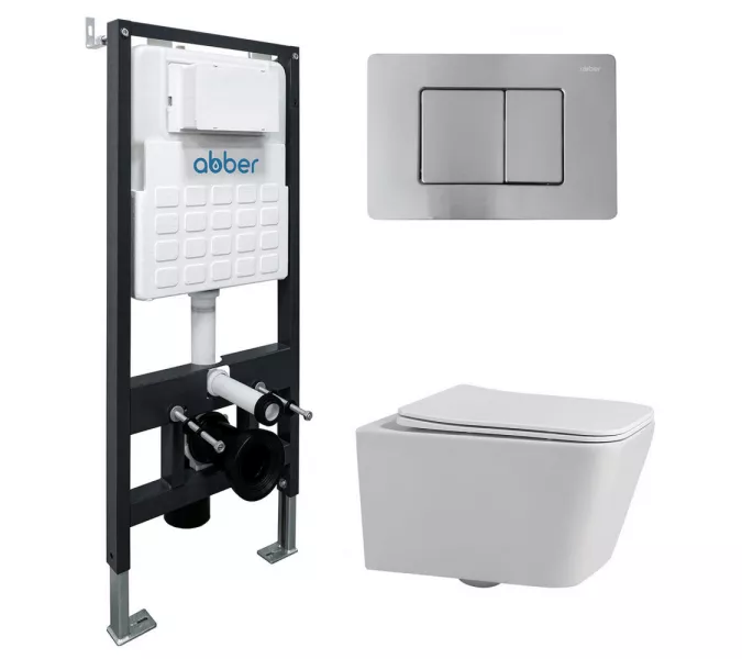 Комплект подвесной унитаз ABBER Rechteck AC1201 белый с инсталляцией AC0105 и кнопкой матовый хром, Цвет кнопки: Матовый хром, Выбрать цвет: Белый, Внешний вид: квадратная кнопка