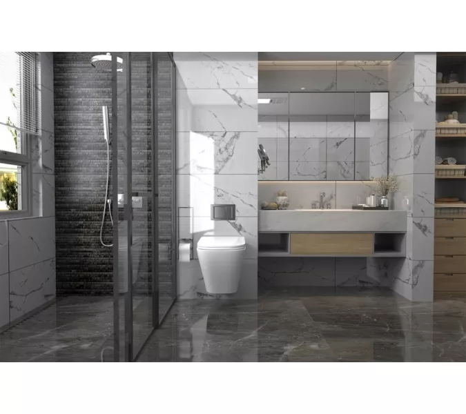 Комплект подвесной унитаз ABBER Rechteck AC1201 белый с инсталляцией AC0105 и кнопкой матовый хром, Цвет кнопки: Матовый хром, Выбрать цвет: Белый, Внешний вид: квадратная кнопка, изображение 5