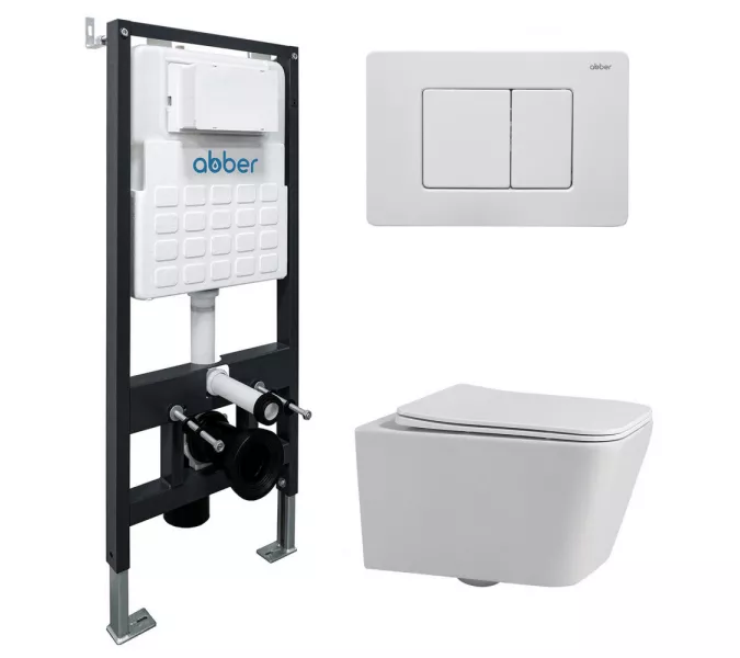 Комплект подвесной унитаз ABBER Rechteck AC1201 белый с инсталляцией AC0105 и кнопкой белая матовая, Цвет кнопки: Белый, Выбрать цвет: Белый, Внешний вид: квадратная кнопка