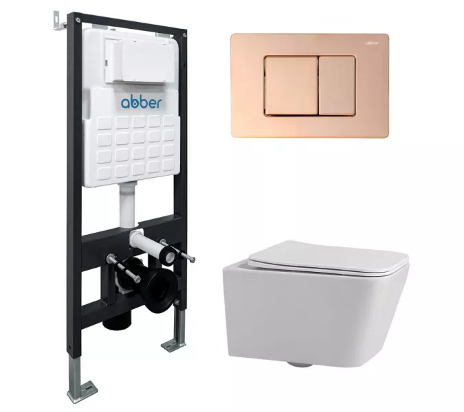 Комплект подвесной унитаз ABBER Rechteck AC1201 белый с инсталляцией AC0105 и кнопкой золото розовое, Цвет кнопки: Золото, Выбрать цвет: Белый, Внешний вид: квадратная кнопка