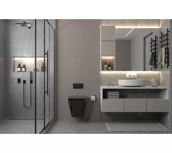 Комплект подвесной унитаз ABBER Rechteck AC1201MB черный матовый с инсталляцией AC0105 и кнопкой  золото розовое, Цвет кнопки: Золото, Выбрать цвет: Черный, Внешний вид: квадратная кнопка, изображение 3