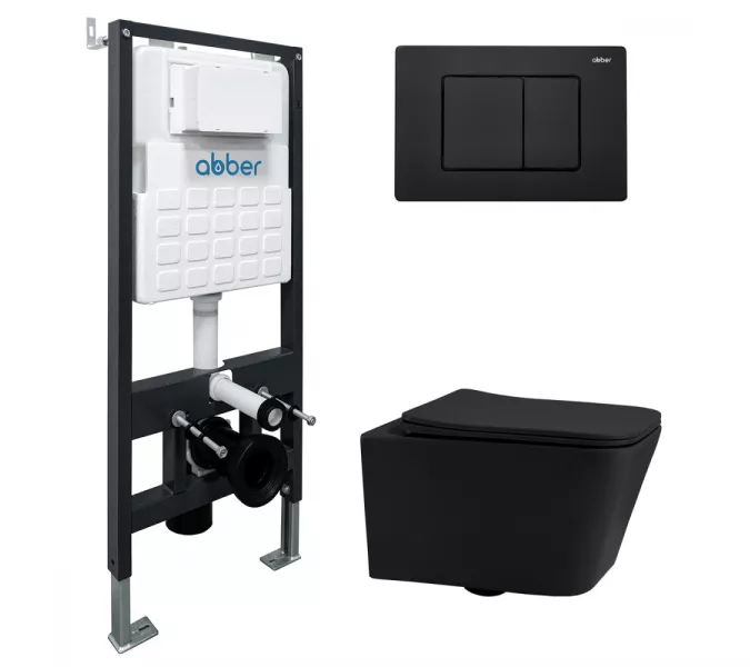 Комплект подвесной унитаз ABBER Rechteck AC1201MB черный матовый с инсталляцией AC0105 и кнопкой черный матовый, Цвет кнопки: Черный, Выбрать цвет: Черный, Внешний вид: квадратная кнопка