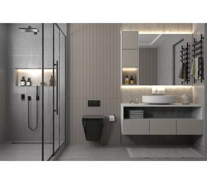 Комплект подвесной унитаз ABBER Rechteck AC1201MB черный матовый с инсталляцией AC0105 и кнопкой черный матовый, Цвет кнопки: Черный, Выбрать цвет: Черный, Внешний вид: квадратная кнопка, изображение 2