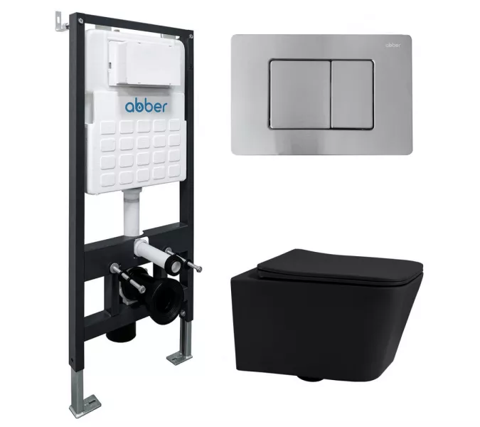 Комплект подвесной унитаз ABBER Rechteck AC1201MB черный матовый с инсталляцией AC0105 и кнопкой матовый хром, Цвет кнопки: Матовый хром, Выбрать цвет: Черный, Внешний вид: квадратная кнопка