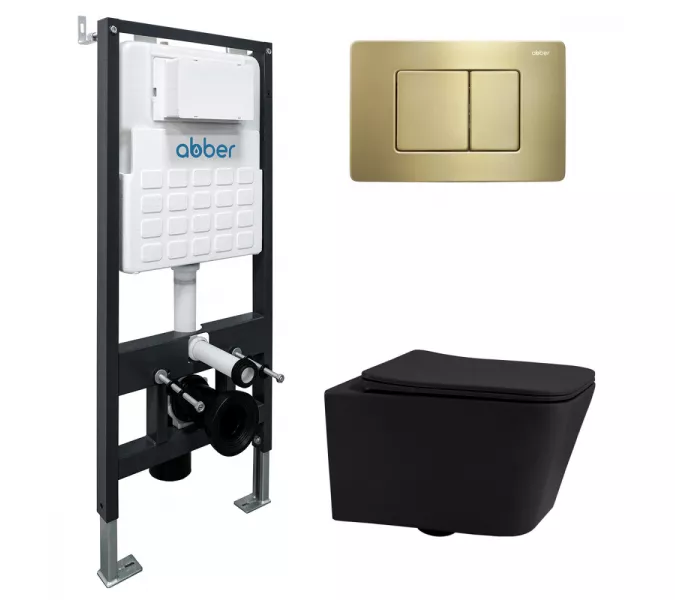 Комплект подвесной унитаз ABBER Rechteck AC1201MB черный матовый с инсталляцией AC0105 и кнопкой  золото матовое, Цвет кнопки: Золото, Выбрать цвет: Черный, Внешний вид: квадратная кнопка