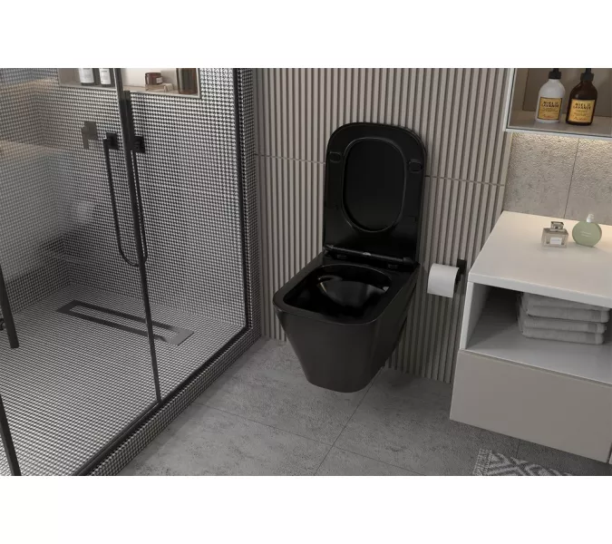 Комплект подвесной унитаз ABBER Rechteck AC1201MB черный матовый с инсталляцией AC0105 и кнопкой  золото матовое, Цвет кнопки: Золото, Выбрать цвет: Черный, Внешний вид: квадратная кнопка, изображение 3