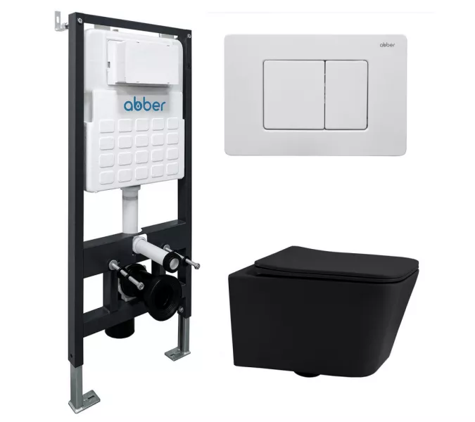 Комплект подвесной унитаз ABBER Rechteck AC1201MB черный матовый с инсталляцией AC0105 и кнопкой белая матовая, Цвет кнопки: Белый, Выбрать цвет: Черный, Внешний вид: квадратная кнопка