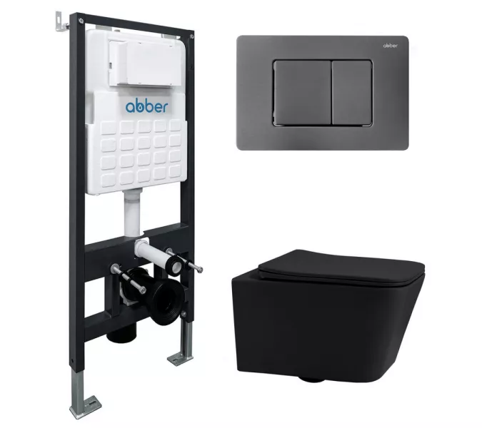 Комплект подвесной унитаз ABBER Rechteck AC1201MB черный матовый с инсталляцией AC0105 и кнопкой никель, Цвет кнопки: Серый, Выбрать цвет: Черный, Внешний вид: квадратная кнопка
