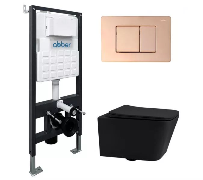 Комплект подвесной унитаз ABBER Rechteck AC1201MB черный матовый с инсталляцией AC0105 и кнопкой  золото розовое, Цвет кнопки: Золото, Выбрать цвет: Черный, Внешний вид: квадратная кнопка