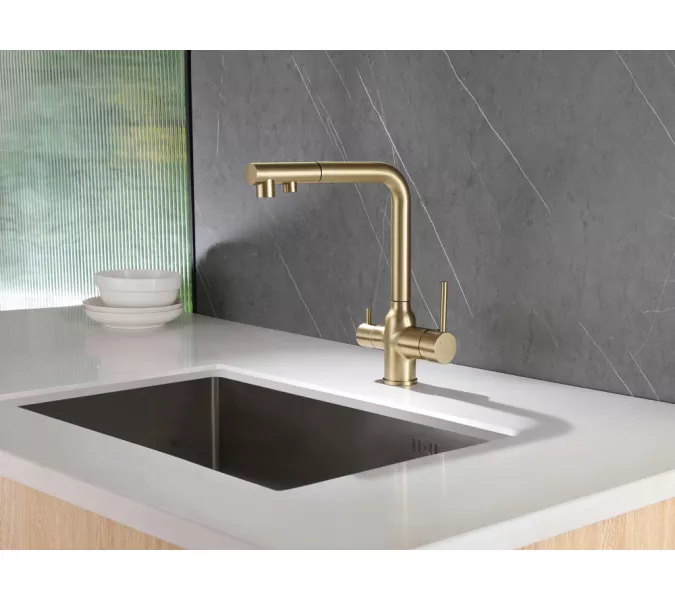 Смеситель ABBER Emotion AF8814G для кухни с подключением фильтра и выдвижной лейкой, золото матовое, Выбрать цвет: Золото, изображение 2