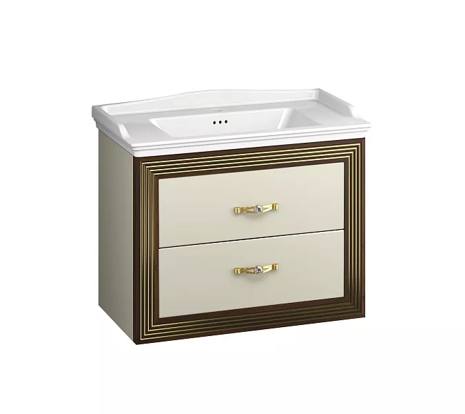 Тумба подвесная с раковиной Opadiris Карат 80 см ,Бежевый глянцевый с золотой патиной, Выбрать цвет: Золото