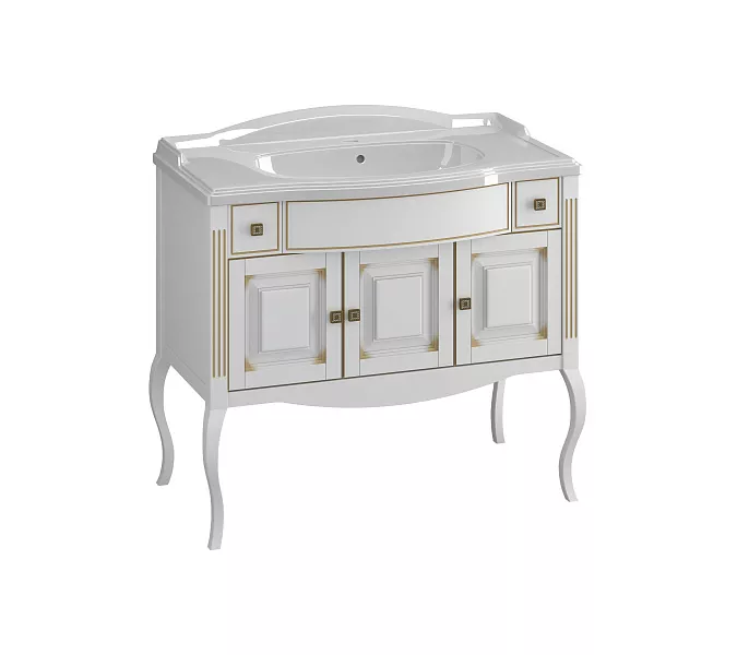 Тумба напольная с раковиной  OPADIRIS Лаура - 120 Белый матовый с бежевой патиной/swarovski золото, Выбрать цвет: Белый/золото, Выбрать размер: 100
