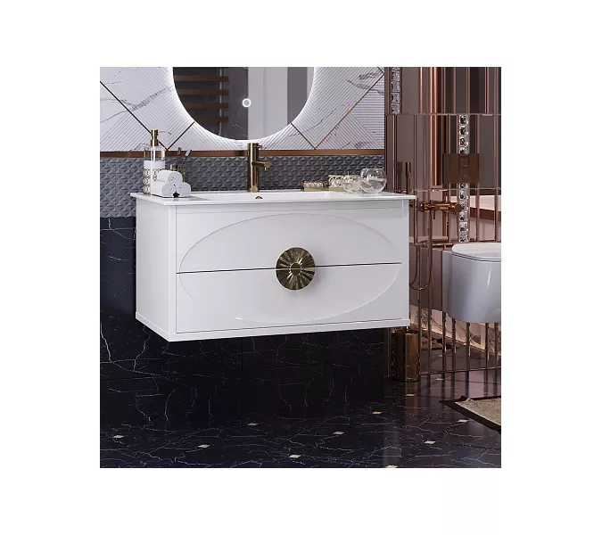 Тумба с раковиной подвесная OPADIRIS Ибица-90 Белый/Золото, Выбрать цвет: Белый/золото, Выбрать размер: 90