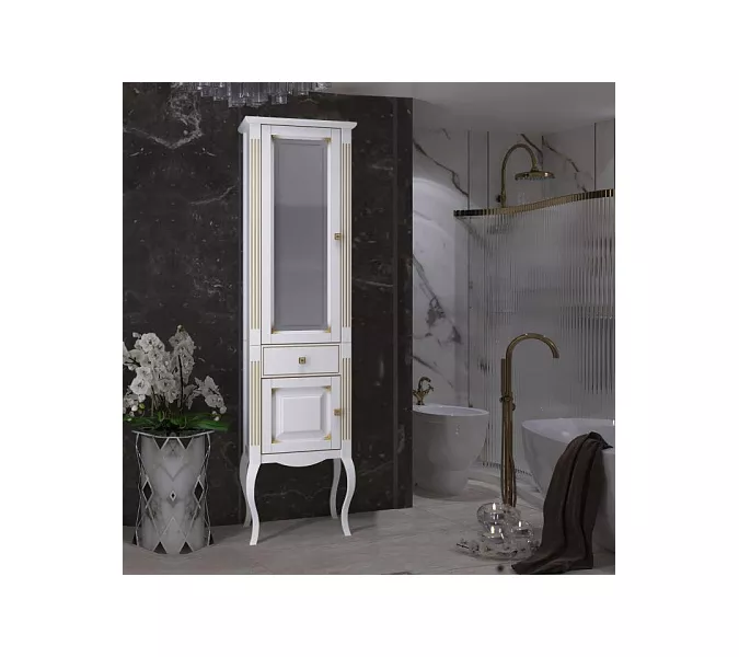 Пенал напольный OPADIRIS Лаура левый белый матовый с бежевой патиной/swarovski золото, Ориентация: Левая, Выбрать цвет: Белый/золото, изображение 2