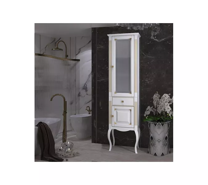 Пенал напольный OPADIRIS Лаура правый белый матовый с бежевой патиной/swarovski золото, Ориентация: Правая, Выбрать цвет: Белый/золото, изображение 2