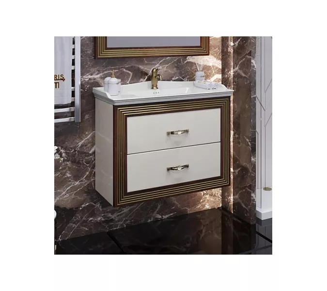 Тумба подвесная с раковиной Opadiris Карат 80 см ,Бежевый глянцевый с золотой патиной, Выбрать цвет: Золото, изображение 2