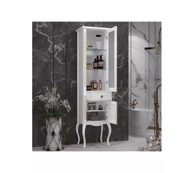 Пенал напольный OPADIRIS Лаура правый белый матовый с бежевой патиной/swarovski золото, Ориентация: Правая, Выбрать цвет: Белый/золото, изображение 3