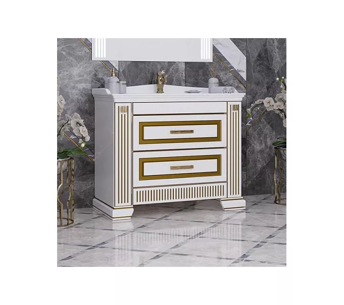 Тумба с раковиной напольная Opadiris ОНИКС 100 Белый глянцевый с золотой патиной, Выбрать цвет: Белый/золото, изображение 2