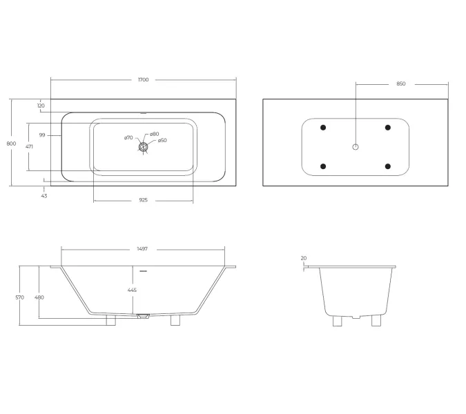 Ванна из искусственного камня Solid Surface CEZARES CZR-SLIDER-170-80-57-SSB, изображение 6