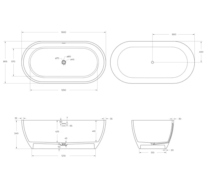 Ванна из искусственного камня Solid Surface CEZARES CZR-STYLUS-160-80-54-SSB, изображение 6