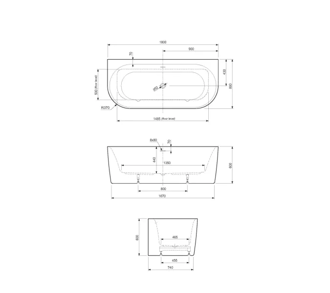 Акриловая ванна CEZARES METAURO-INT-Wall-180-80-60-B-W-MATT, Выбрать цвет: Черный матовый, Выбрать размер: 180х80, изображение 3