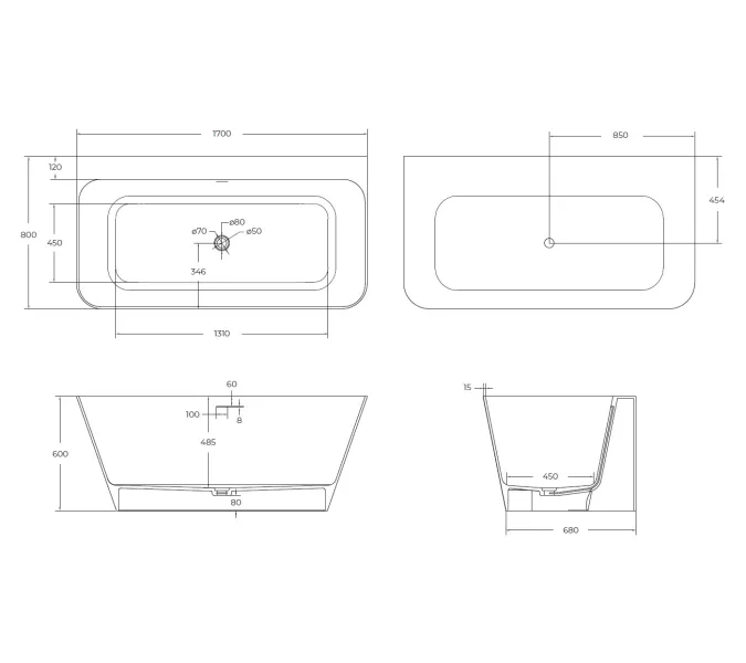 Ванна из искусственного камня Solid Surface CEZARES CZR-LINER-170-80-60-SSB, изображение 8