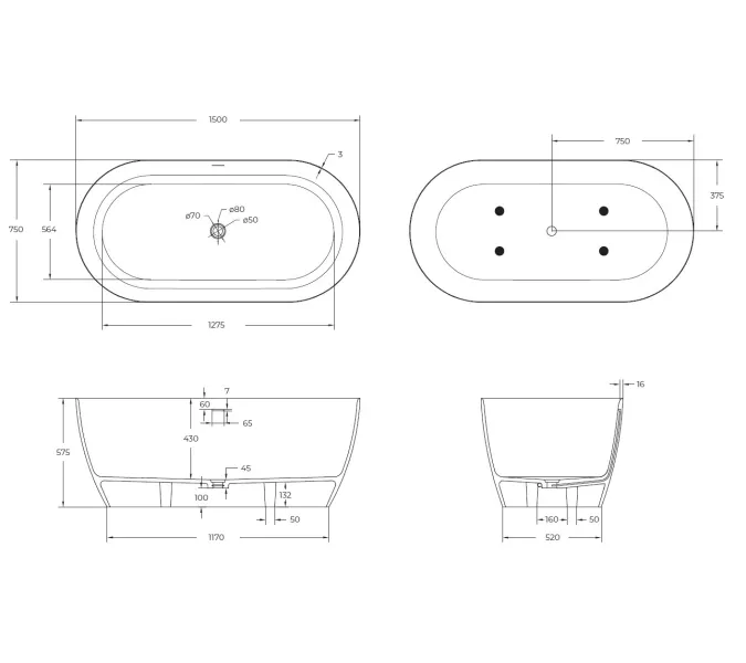Ванна из искусственного камня Solid Surface CEZARES CZR-RELAX-SSB, Выбрать размер: 150х75, изображение 8