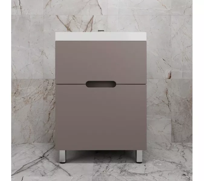 Тумба напольная Style line "Матис " с раковиной ASTI (2 ящика), ТАУП ТЁМНЫЙ, ЭМАЛЬ, Выбрать цвет: Тауп темный, Выбрать размер: 60, Внешний вид: с белой раковиной