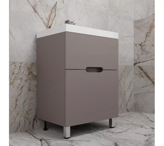 Тумба напольная Style line "Матис " с раковиной ASTI (2 ящика), ТАУП ТЁМНЫЙ, ЭМАЛЬ, Выбрать цвет: Тауп темный, Выбрать размер: 60, Внешний вид: с белой раковиной, изображение 2