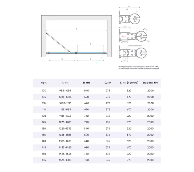Душевая дверь в нишу Vegas-Glass 155 см EP-F-1 NOVO h2000 155 03 01 L профиль золото матовое, стекло прозрачное, изображение 5