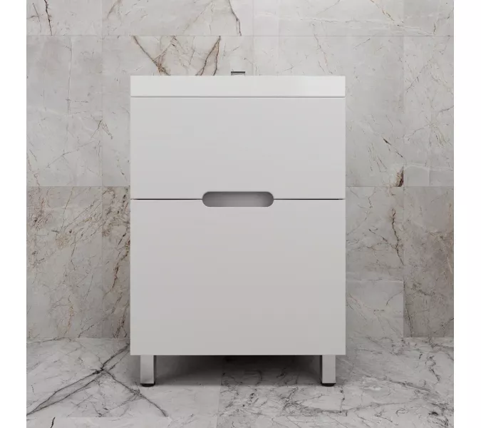 Тумба напольная "Матис " с раковиной ASTI (2 ящика), Белый матовый, ЭМАЛЬ, Выбрать цвет: Белый, Выбрать размер: 60, Внешний вид: с белой раковиной