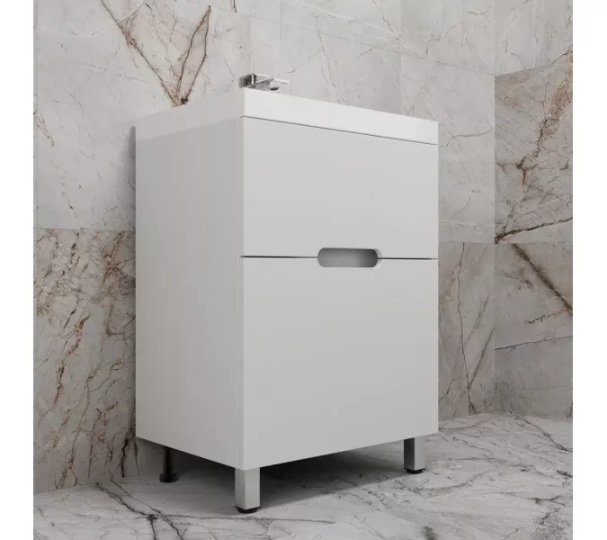 Тумба напольная "Матис " с раковиной ASTI (2 ящика), Белый матовый, ЭМАЛЬ, Выбрать цвет: Белый, Выбрать размер: 60, Внешний вид: с белой раковиной, изображение 2