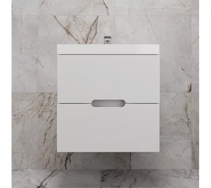 Тумба подвесная "Матис" с раковиной ASTI (2 ящика), Белый матовый, ЭМАЛЬ, Выбрать цвет: Белый, Выбрать размер: 60, Внешний вид: с белой раковиной
