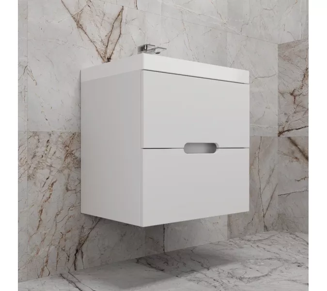 Тумба подвесная "Матис" с раковиной ASTI (2 ящика), Белый матовый, ЭМАЛЬ, Выбрать цвет: Белый, Выбрать размер: 60, Внешний вид: с белой раковиной, изображение 2