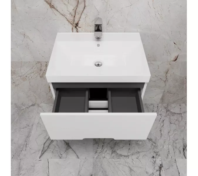 Тумба подвесная "Матис" с раковиной ASTI (2 ящика), Белый матовый, ЭМАЛЬ, Выбрать цвет: Белый, Выбрать размер: 60, Внешний вид: с белой раковиной, изображение 3