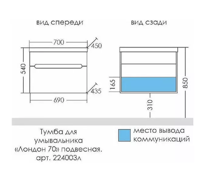 Тумба для умывальника СанТа Лондон 70 подвесная 2 ящика, изображение 5