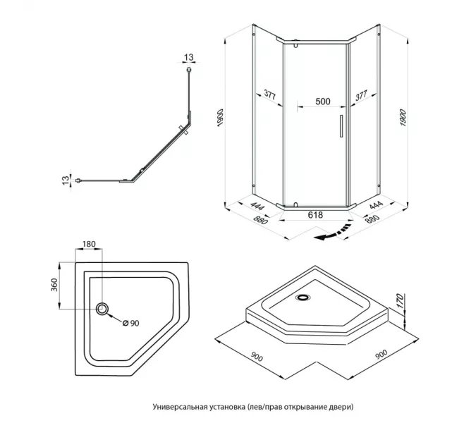 Душевое ограждение  Triton "ДЕКА-ГРАФИТ", Цвет профиля: Серый, Тип поддона: Низкий, Выбрать размер: 90х90, изображение 12