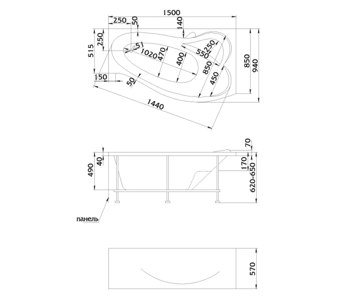 Ванна 1Marka GRACIA (комплект) 170х100 R со встр. смесителем на борт ванны, изображение 10