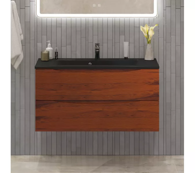 Тумба подвесная BelBagno MARINO Rovere Cillegio, раковина чёрная, Выбрать цвет: Дуб вишневый, Выбрать размер: 100, Внешний вид: с черной раковиной, изображение 8