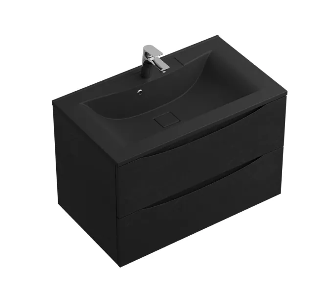 Тумба с раковиной подвесная BelBagno MARINO 80 Rovere Cioccolato Amaro, раковина чёрная, Выбрать цвет: Дуб шоколадный, Выбрать размер: 80, Внешний вид: с черной раковиной, изображение 3