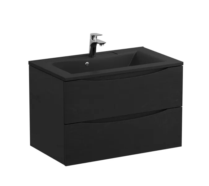 Тумба с раковиной подвесная BelBagno MARINO 80 Rovere Cioccolato Amaro, раковина чёрная, Выбрать цвет: Дуб шоколадный, Выбрать размер: 80, Внешний вид: с черной раковиной, изображение 2