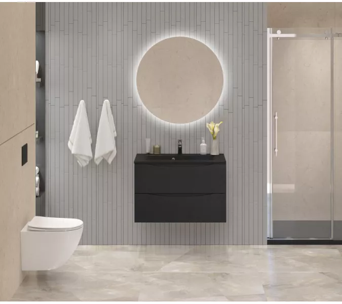 Тумба с раковиной подвесная BelBagno MARINO 80 Rovere Cioccolato Amaro, раковина чёрная, Выбрать цвет: Дуб шоколадный, Выбрать размер: 80, Внешний вид: с черной раковиной, изображение 7