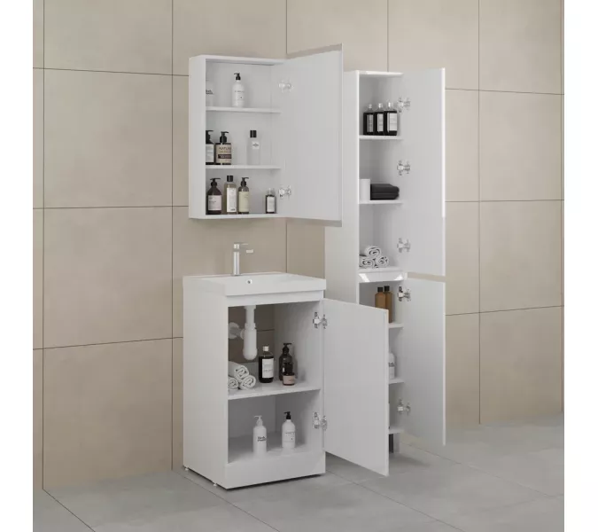 Тумба напольная "БАТЛЕР" (1 ящ.) с раковиной ASTI 50 Люкс антискрейтч белый глянец PLUS, Выбрать цвет: Белый глянец, Выбрать размер: 50, Внешний вид: с белой раковиной, изображение 3