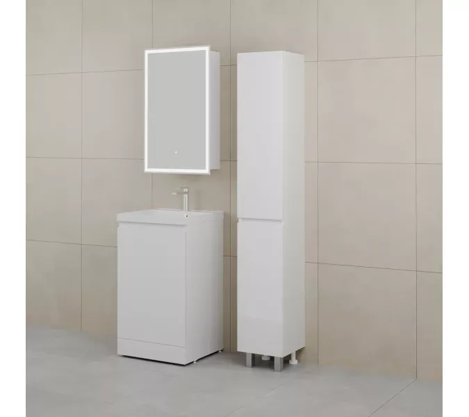 Тумба напольная "БАТЛЕР" (1 ящ.) с раковиной ASTI 50 Люкс антискрейтч белый глянец PLUS, Выбрать цвет: Белый глянец, Выбрать размер: 50, Внешний вид: с белой раковиной