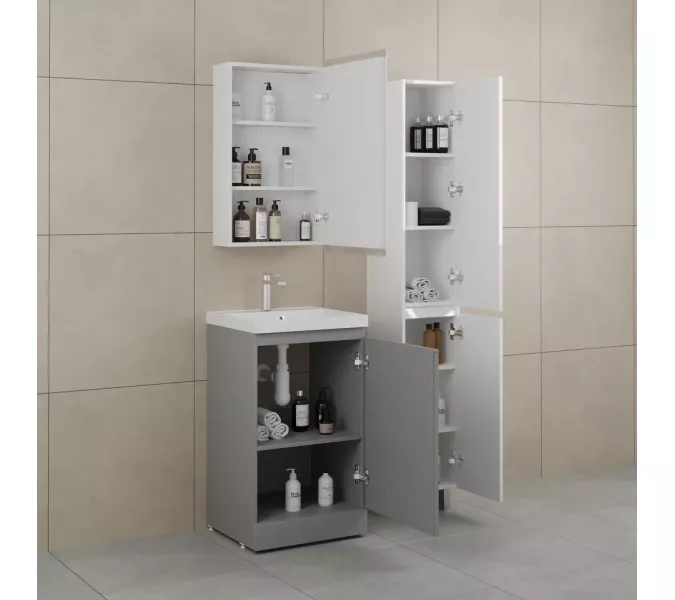 Тумба напольная "БАТЛЕР" (1 ящ.) с раковиной ASTI 50 Люкс антискрейтч серый PLUS, Выбрать цвет: Серый, Выбрать размер: 50, Внешний вид: с белой раковиной, изображение 4