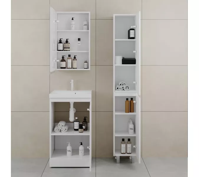 Тумба напольная "БАТЛЕР" (1 ящ.) с раковиной ASTI 50 Люкс антискрейтч белый глянец PLUS, Выбрать цвет: Белый глянец, Выбрать размер: 50, Внешний вид: с белой раковиной, изображение 2