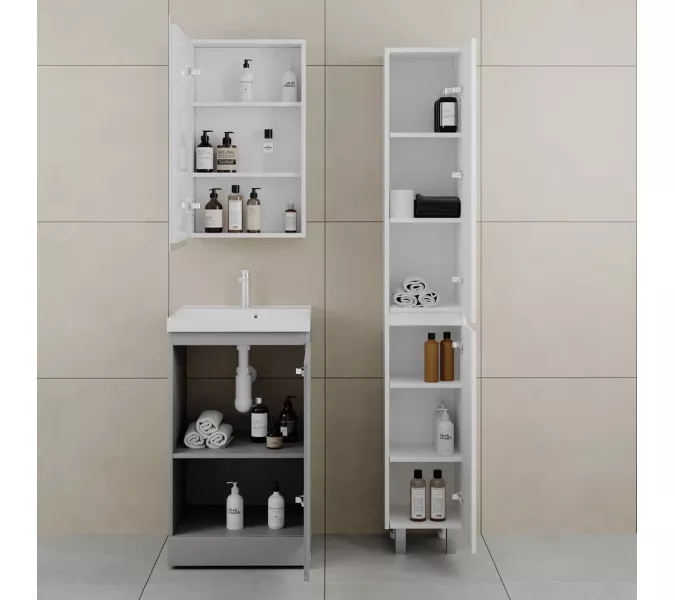 Тумба напольная "БАТЛЕР" (1 ящ.) с раковиной ASTI 50 Люкс антискрейтч серый PLUS, Выбрать цвет: Серый, Выбрать размер: 50, Внешний вид: с белой раковиной, изображение 3