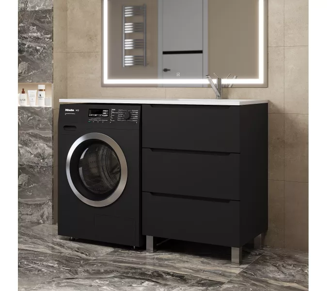 Тумба под стиральную машину напольная Uperwood Tanos 60, черная, 2/3 ящика, Выбрать цвет: Черный матовый, Выбрать размер: 60, Внешний вид: 3 ящика